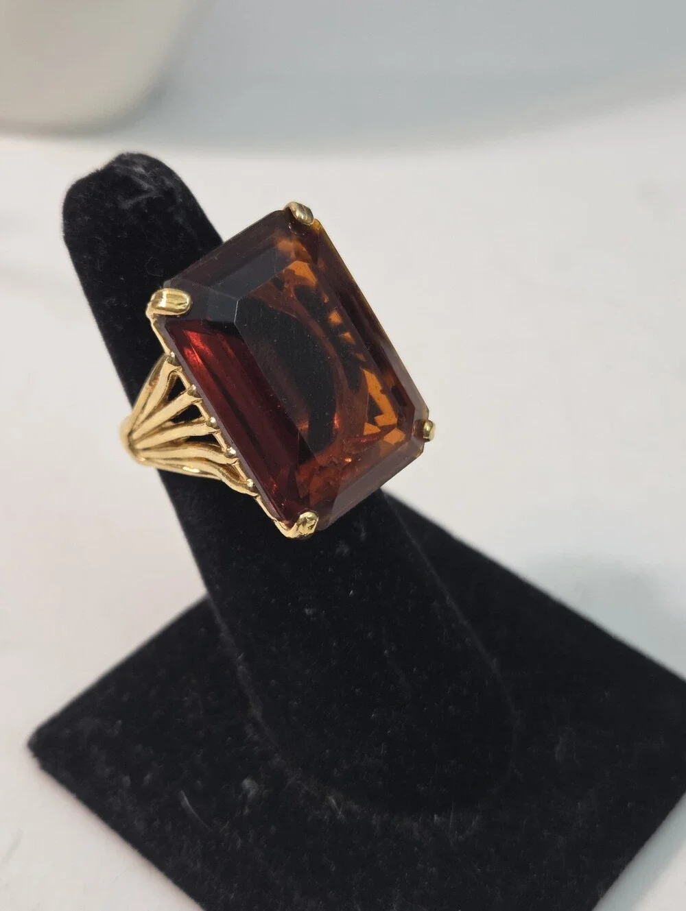 18k HGE large amber faceted stone ring sz 5 cocktail oversized statement big